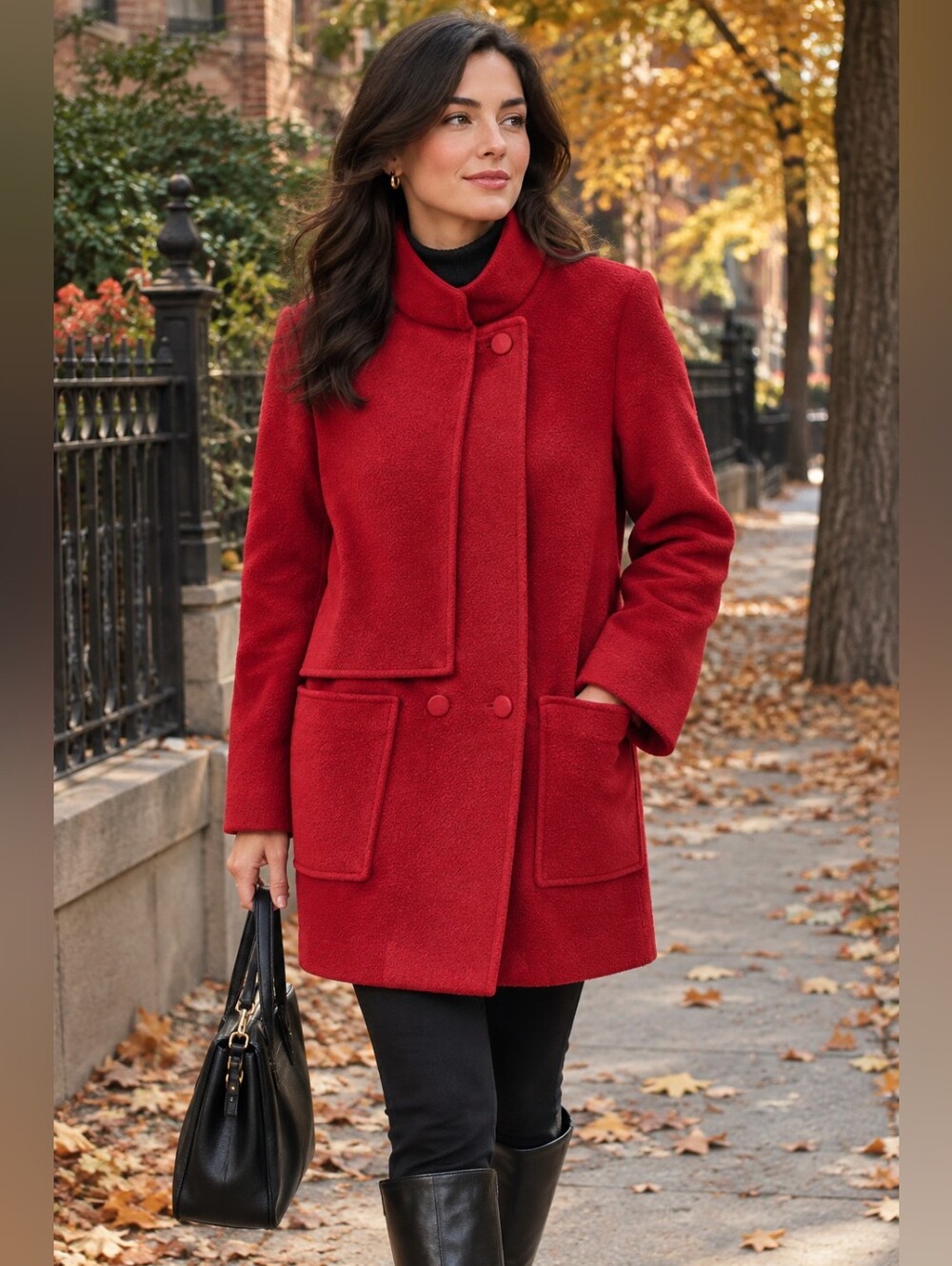 Women’s Red Wool-Blend Vintage Stand Collar Coat